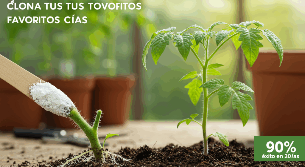 Esquejes de tomate recién cortado con polvo de hormonas, raíces emergentes y hojas verdes brillantes bajo luz natural. Herramientas de jardín desenfocadas en el fondo.