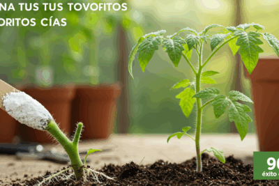 Esquejes de tomate recién cortado con polvo de hormonas, raíces emergentes y hojas verdes brillantes bajo luz natural. Herramientas de jardín desenfocadas en el fondo.